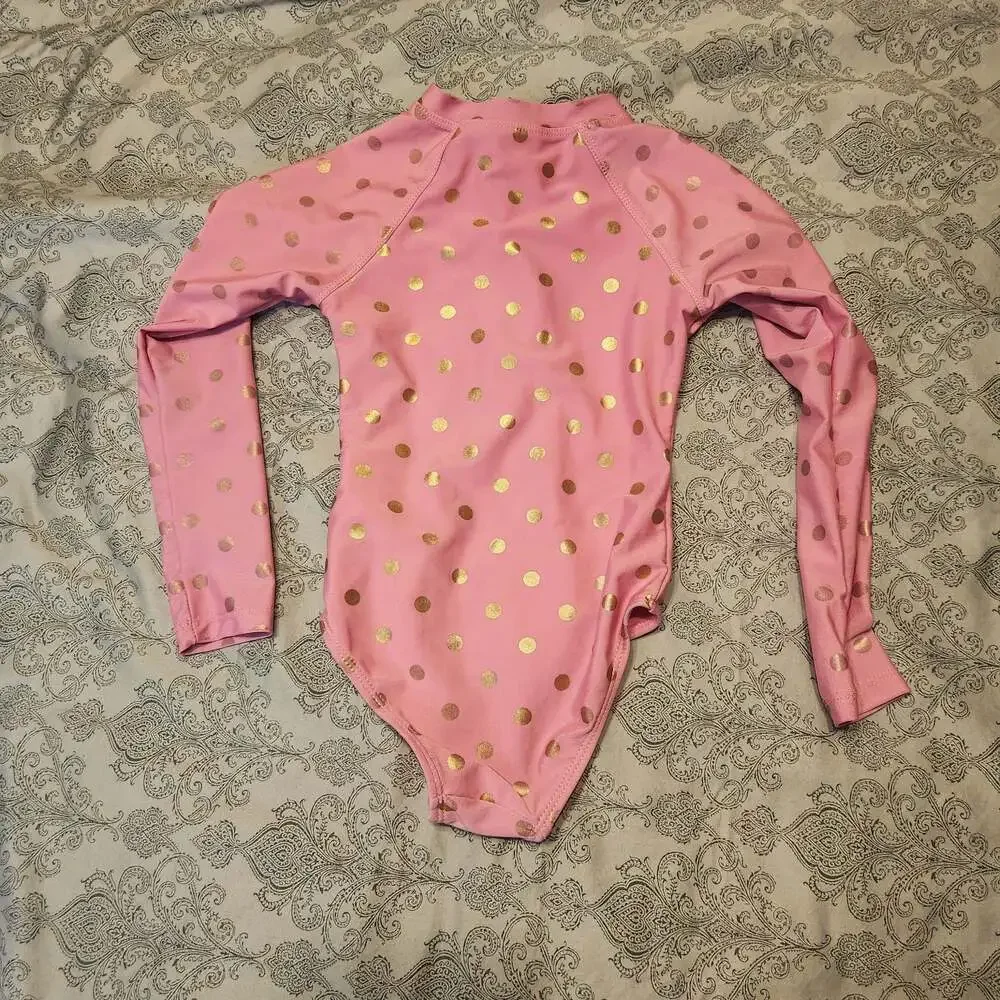 Girls Pink Gold Polka Dot Long Sleeve Zip-Up Rash Guard Swimsuit Size XS